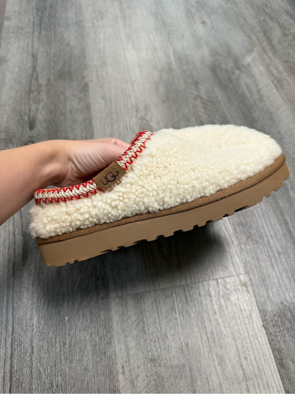 UGG Women’s Cream Sherpa Slip-On Mule with Red Accent